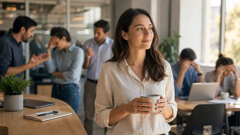 Pessoa calma em um ambiente de trabalho enquanto outras pessoas ao redor parecem tensas, ilustrando uma vida de gratidão e paciência em meio à reclamação.