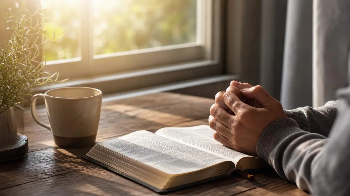 Bíblia aberta sobre uma mesa, iluminada por luz suave, representando gratidão a Deus e esperança em meio às aflições à luz do Salmo 116.