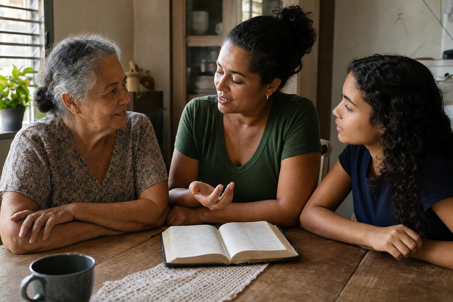 Avó, mãe e adolescente conversando ao redor de uma Bíblia aberta sobre a mesa.