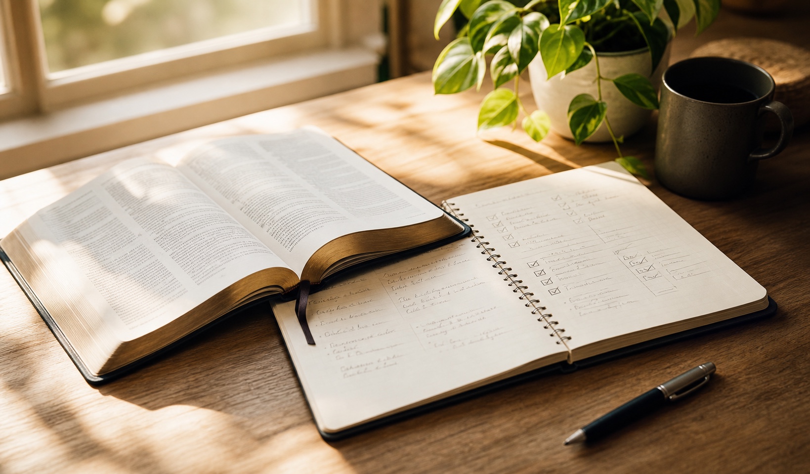 Bíblia aberta ao lado de um caderno de planos, lembrando que o futuro deve ser entregue a Deus.
